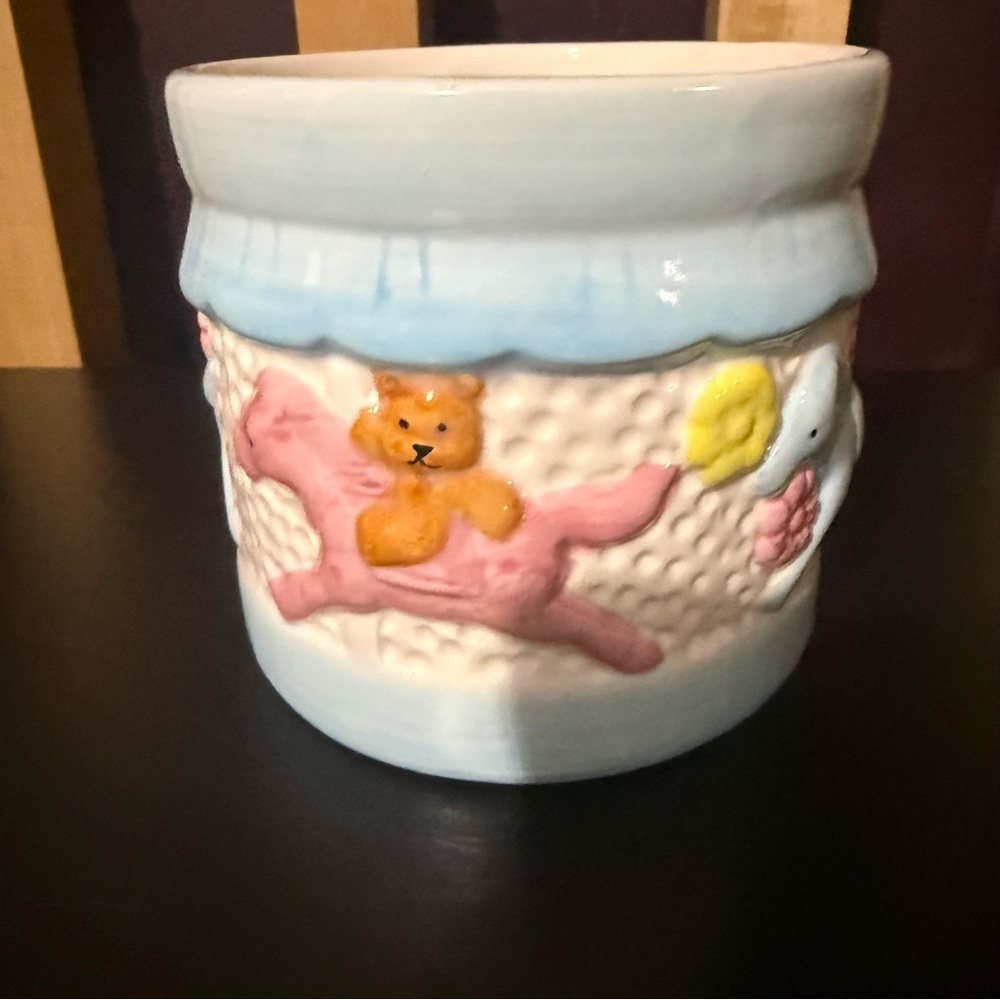 Vintage Nursery Carousel Planter Ceramic Teddy Bear Rocking Horse Blue Pink